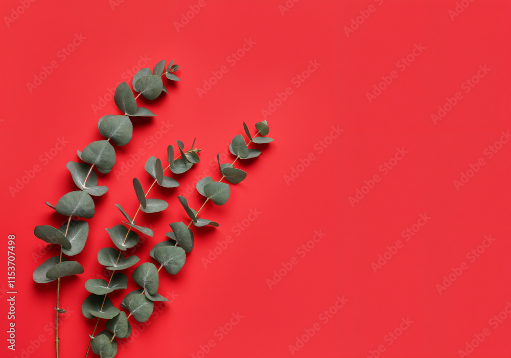 Poster eucalyptus leaves are arranged on a vibrant red background, creating negative space ideal for text o