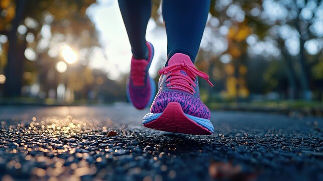 A close-up of a woman running shoes pounding pavement on an urban trail.