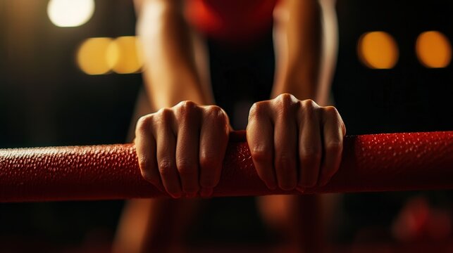 A close-up of a woman hands gripping parallel bars during a gymnastic routine.