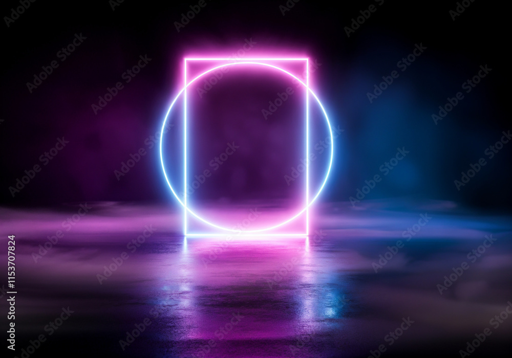 Poster vibrant neon lights forming a circle and square illuminate a reflective surface with atmospheric smo
