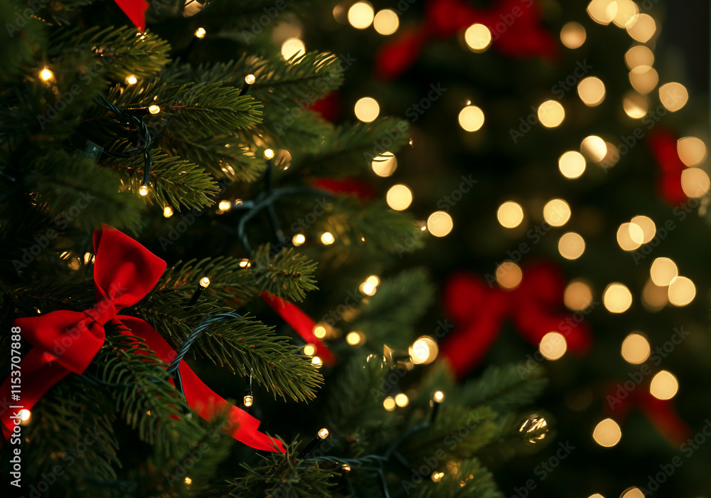 Poster christmas tree branches decorated with glowing lights and red ribbons creating a festive atmosphere