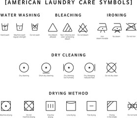Icon set of laundry symbols. Cleaning machine, Clothes care icons. Laundry label collection with care symbols and washing instructions. Bleaching, Drying, Ironing. Vector mock up template.  