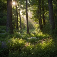 Obraz premium A serene nature scene with soft, blurred focus, featuring lush green trees, vibrant wildflowers, and dappled sunlight filtering through the foliage.