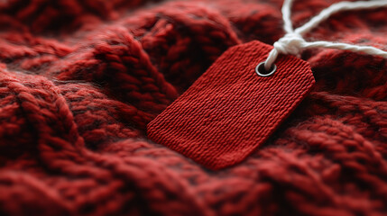 Close-up of a blank red tag mockup on knitted fabric