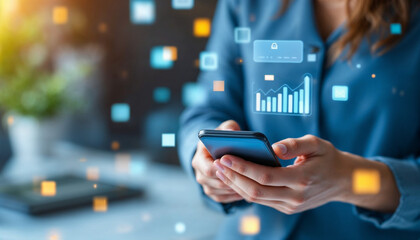 Woman using smartphone to conduct online mobile banking. Business and technology concept