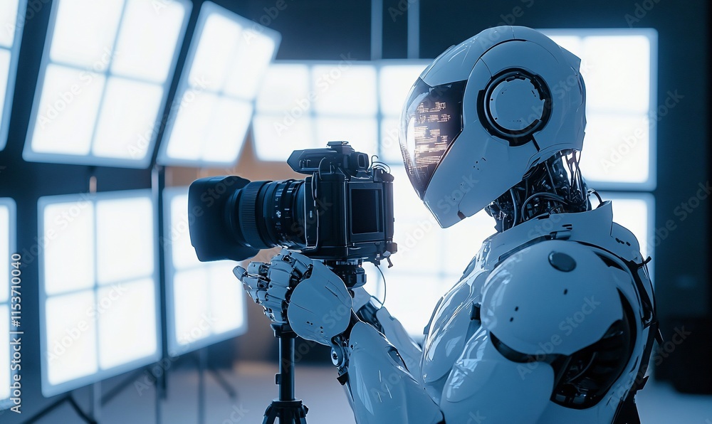 Poster a humanoid robot holding a camera in a studio setting with bright lights.