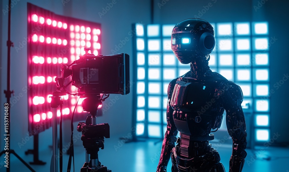 Poster a humanoid robot stands in front of a camera, illuminated by colorful lights.