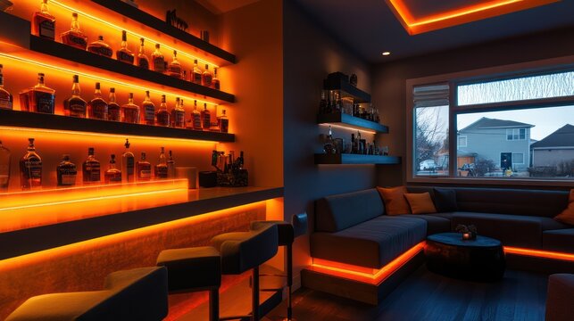 A stylish home bar with glowing shelves, comfortable seating, and ambient lighting for a chic vibe