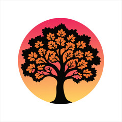 "Majestic Oak Tree Silhouette at Sunset, vector image