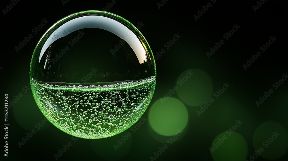 Poster green liquid inside a transparent sphere against a dark background with bokeh.