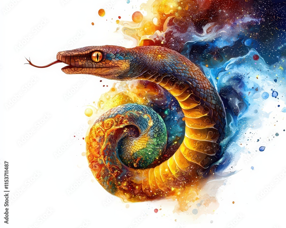 Poster snake creating a spiral frame for glowing chinese new year typography
