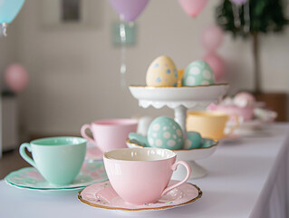 delightful Easter themed tea party setup featuring pastel colored cups, decorated eggs, and elegant tableware, creating festive and cheerful atmosphere