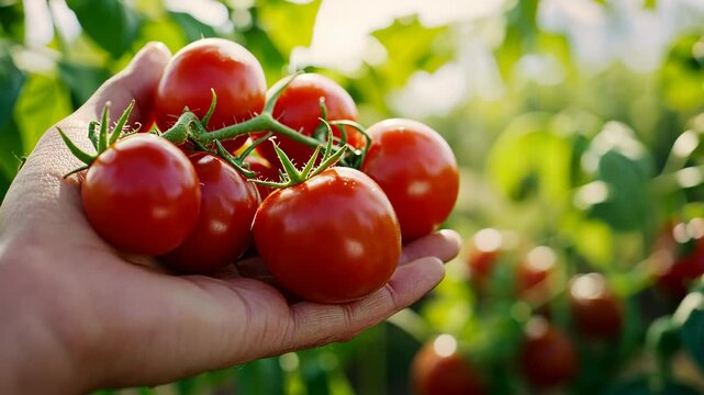 Proud farmer displaying a handful of freshly picked organic cherry tomatoes against a backdrop of lush green plants