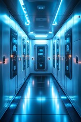 Futuristic gym locker with glowing LED panels on each door, set in high-tech gym. Blue and white lighting reflects modern design, creating a sci-fi aesthetic ideal for promoting advanced fitness tech.