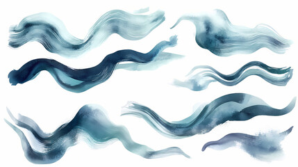 Obraz premium Collection of verdigris and indigo abstract watercolor swashes isolated on a transparent background. Verdigris. Illustration