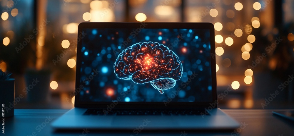 Poster a laptop displaying a digital brain visualization with glowing elements.