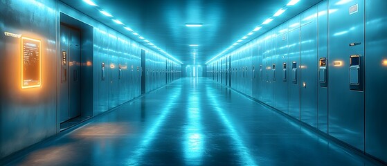 Obraz premium Futuristic gym locker with glowing LED panels on each door, set in high-tech gym. Blue and white lighting reflects modern design, creating a sci-fi aesthetic ideal for promoting advanced fitness tech.