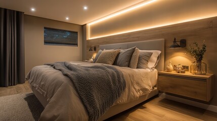 A tranquil bedroom with earthy tones, floating bedside tables, and soft recessed lighting in the ceiling
