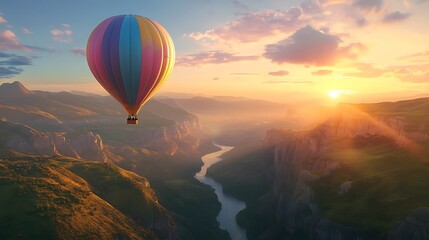 Obraz premium A colorful hot air balloon soaring above a picturesque canyon at sunrise