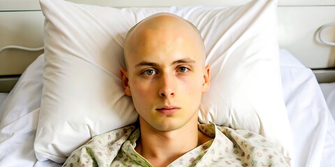 Patient chauve atteint d'un cancer allongé sur un lit d'hôpital, subissant un traitement de chimiothérapie, séance photo en studio d'un survivant masculin du cancer pendant la thérapie, axé sur le rét