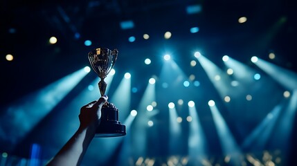 A corporate awards night with a winner receiving a trophy on stage under bright spotlights