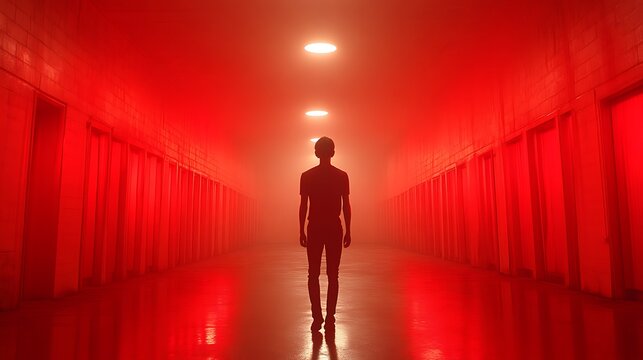 Silhouetted person in a red, foggy corridor.