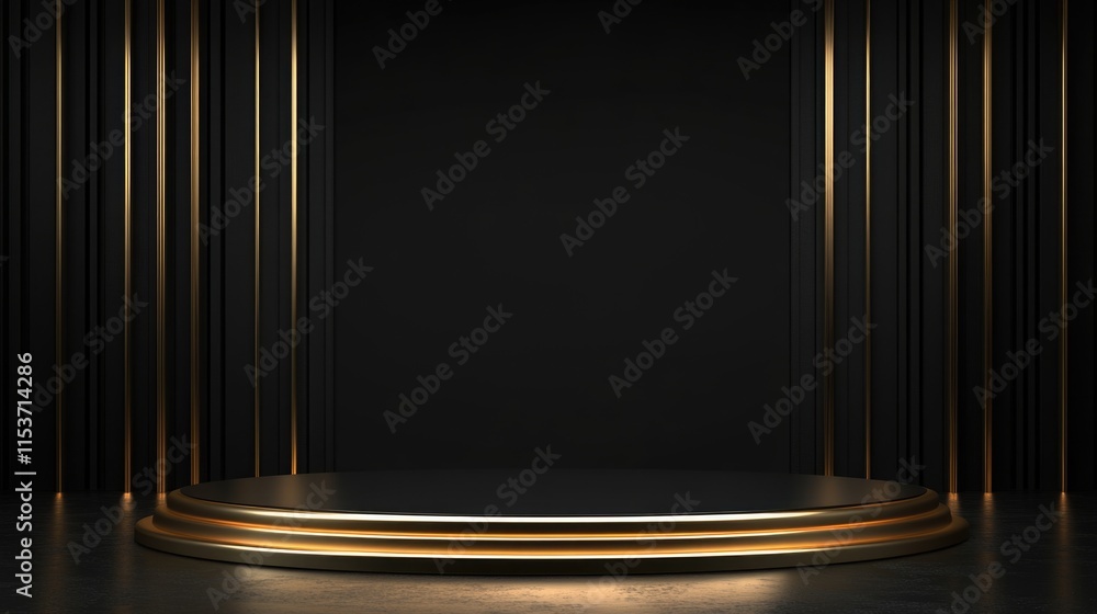 Poster minimalist golden stage: a three-dimensional empty podium for luxury product showcase in an abstract
