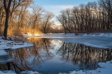 Serene Winterscape: Frozen River Reflections Amidst Snow-Capped Forest at Sunset