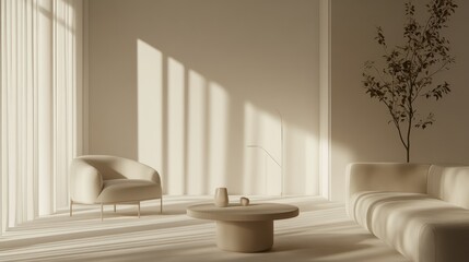 A tranquil living room featuring clean minimalist furniture, soft natural light, and a smooth monochrome palette