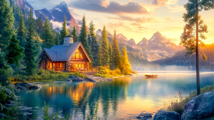 Fototapeta premium Create a captivating image of a peaceful lakeside cabin, tucked away amidst towering pine trees, with the crystal-clear water reflecting the majestic surrounding mountains and the soft glow of sunset