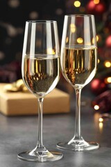 A tray with champagne glasses and a festive present, adorned with garland lights to underscore the Christmas theme.