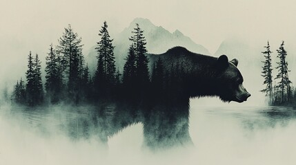Grizzly bear double exposure with misty forest and mountains.