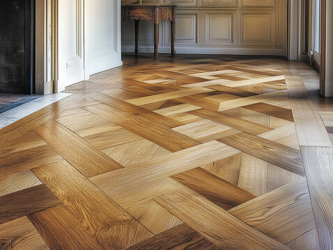 Sol d'un bel appartement &agrave; Paris avec un parquet en bois massif vernis avec mur en pl&acirc;tre blanc et moulures
