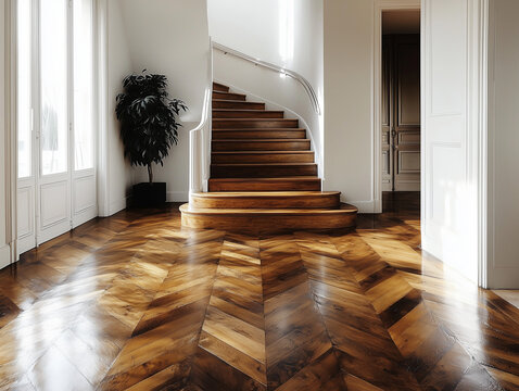 Sol d'un bel appartement &agrave; Paris avec un parquet en bois massif vernis avec mur en pl&acirc;tre blanc et moulures et un bel escalier avec rambarde