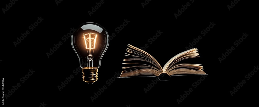 Poster a light bulb and an open book symbolize ideas and knowledge.