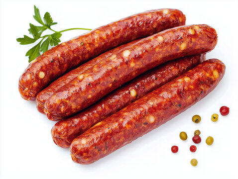 Saucisse &eacute;pic&eacute;e de type merguez sur fond blanc, avec un peu de persil et de grains sur fond blanc