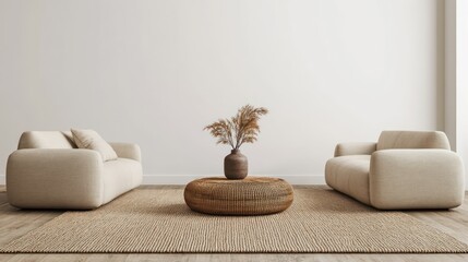 A tranquil minimalist living room featuring muted beige furniture, a warm area rug, and a single centerpiece