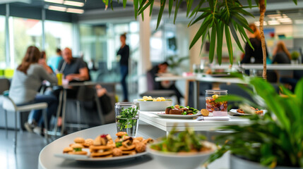 Fototapeta premium Corporate Event in Open Office Space with Delightful Desserts and Networking Colleagues