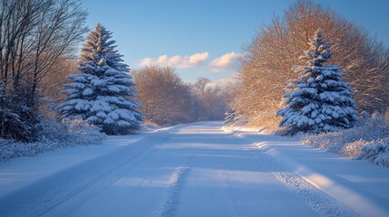 Obraz premium Snow-covered road with pine trees at sunset.