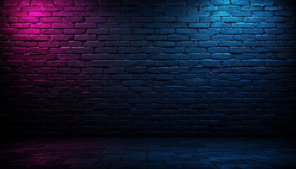 Black brick wall background rough concrete with neon lights and glowing lights. Lighting effect pink and blue on empty brick wall background
