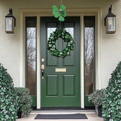 A detailed arrangement of St. Patrick’s Day decorations adorns a front door.