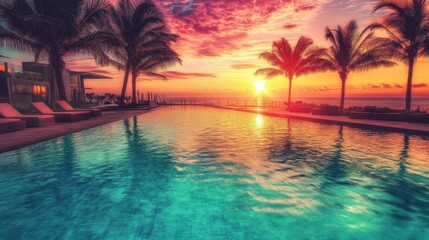 Vibrant sunset over oceanfront pool and palm trees.