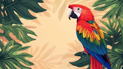 Obraz premium Pirate cartoon kids story. Colorful parrot surrounded by tropical leaves on a light background.