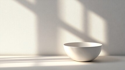 Empty white bowl on white surface with window light shadows.