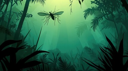 Obraz premium Tropical rainforest scene featuring a mosquito in the foreground, showcasing the intricate balance and biodiversity of life in a lush, vibrant ecosystem.