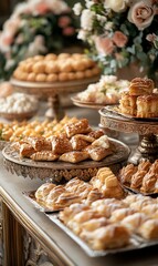 Elegant dessert table with pastries, cookies, and flowers.