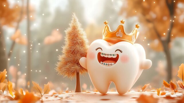 Diente simp&aacute;tico con brackets rodeado de elementos de Navidad y con corona de reyes magos