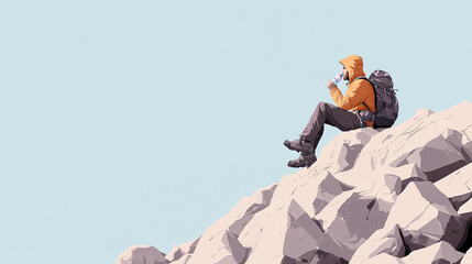 hiker in orange jacket sits on rocky outcrop, sipping water. serene landscape and clear sky create peaceful atmosphere, perfect for break in nature