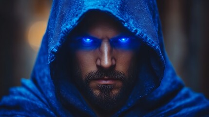 Hooded man with glowing blue eyes.