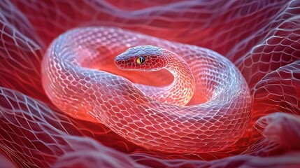 Fototapeta premium Snake forming a spiral pattern glowing softly on a crimson backdrop
